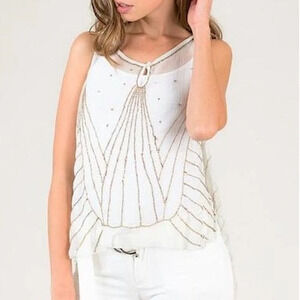 Sleeveless White Beaded Shell Top
